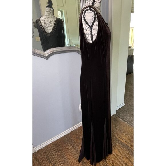Dressbarn Collection Velvet Dress 14 Brown Beaded Long Maxi Formal Party Luxury - Picture 8 of 16